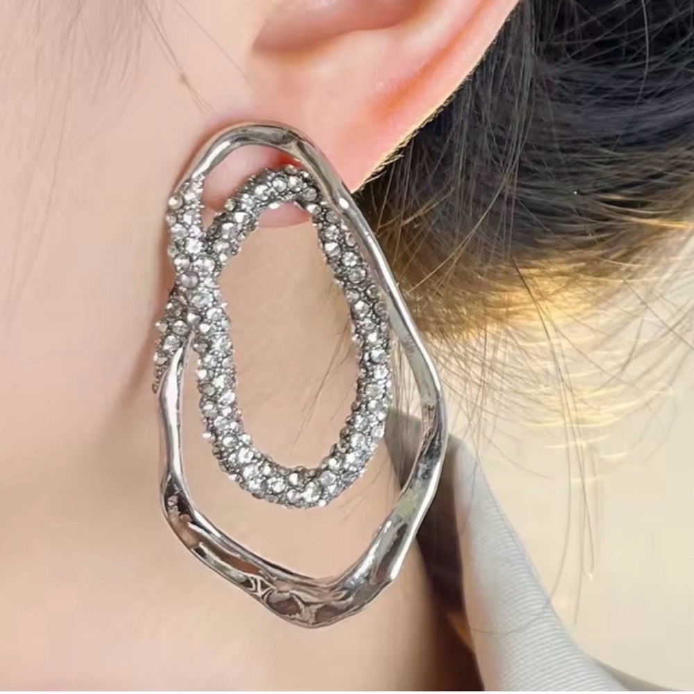 Alexis Bittar Silver Toned Crystal Open Oval Drop Earrings